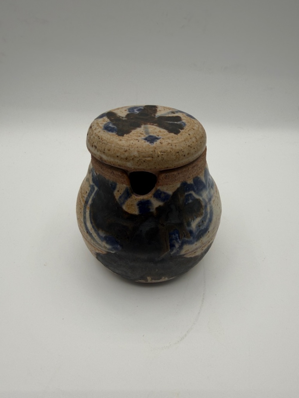 Handmade Ceramic Honey Jar with Lid - Blue and Cream